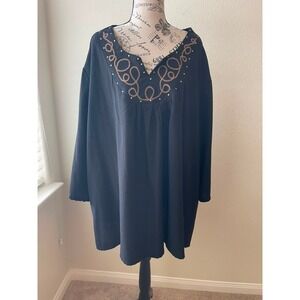 Maggie Barnes Womens 4X Black Embroidered Studded V-Neck 3/4 Sleeve Tunic Blouse